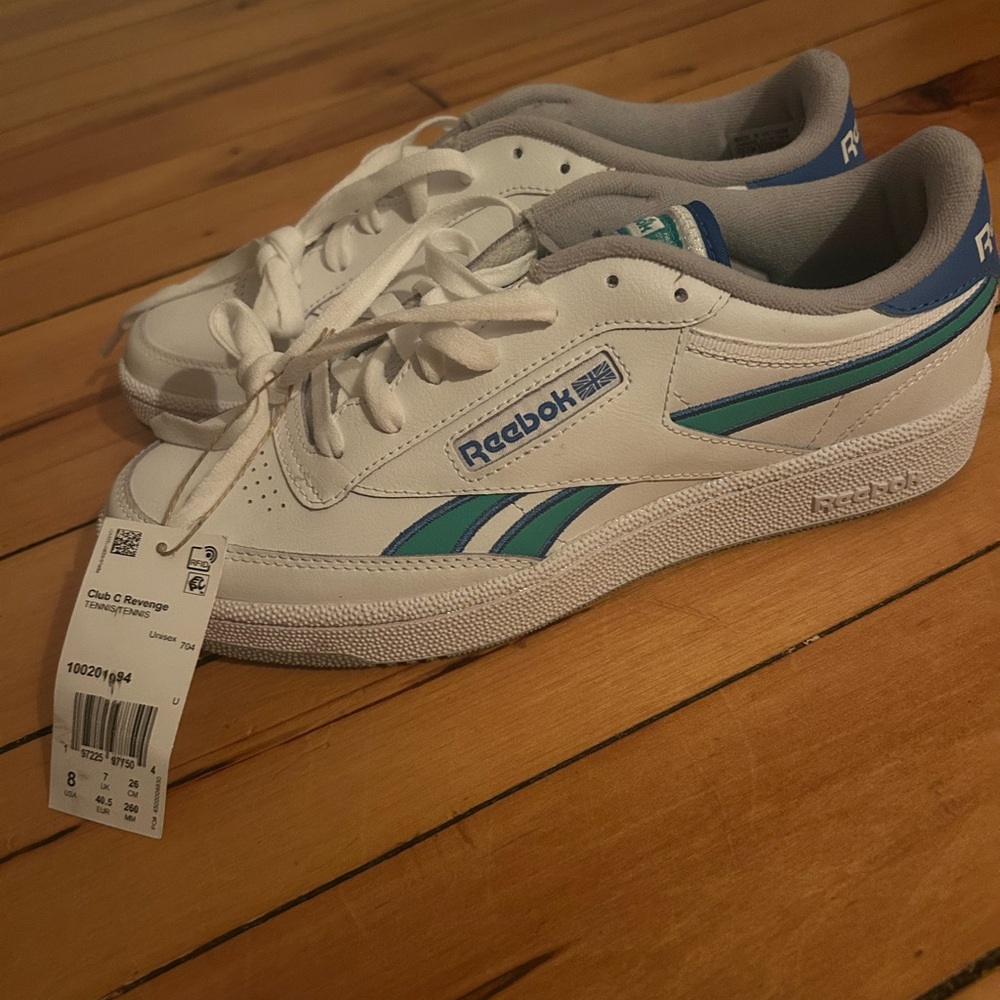 Reebok Club C Revenge White and Blue Shoes.